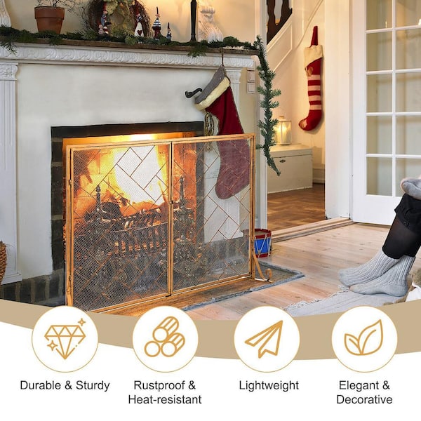 SUNRINX Gold Wrought Iron 2-Panel Fireplace Screen with Doors MG54