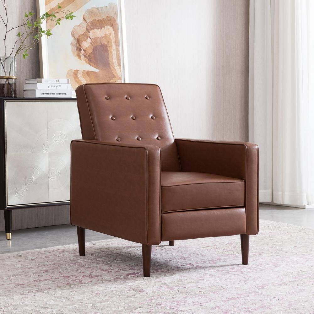 Mid-Century Modern Smooth Brown Faux Leather Recliner