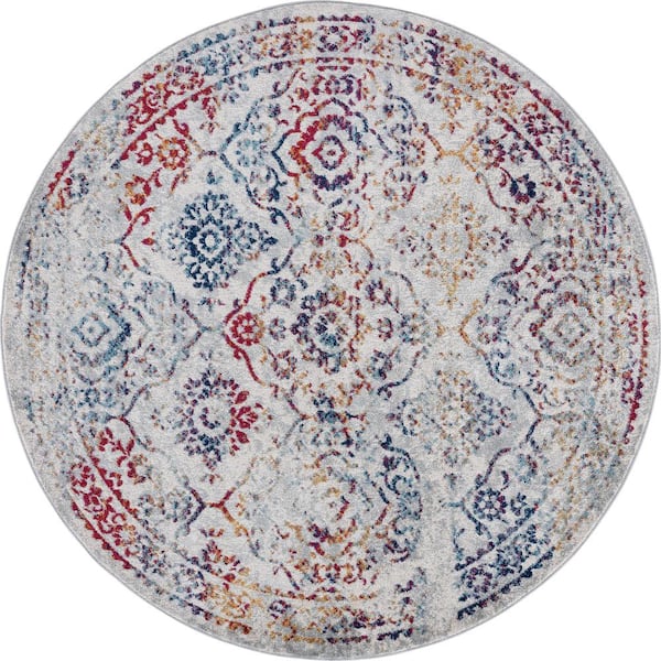 Tayse Rugs Diamond Damask Cream 6 ft. Round Indoor Area Rug