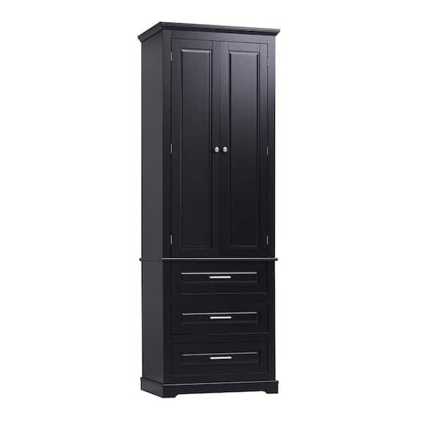15.7 in. W x 24 in. D x 70 in. H Black MDF Tall Bathroom Linen Cabinet with 2 Doors and 3 Drawers in Black