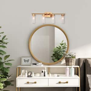 28 in. W Antique Gold Arched Mirror Bathroom Powder Room 2-Light Vanity Light with Cylinder Clear Glass Shades