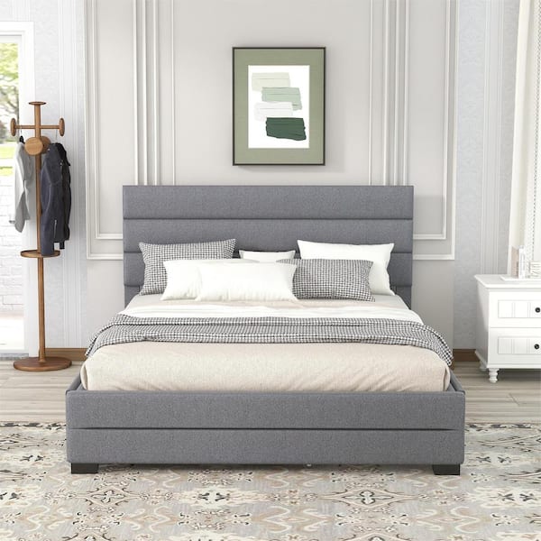 Polibi Gray Wood Frame Queen Size Platform Bed with Twin Size Trundle and 2-Drawers