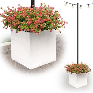 Large 14 in. White Wooden Planter Box with String Light Pole Sleeve