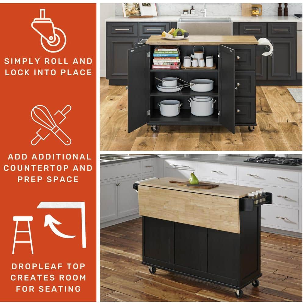 Black Wood Kitchen Cart with Drop Leaf and Storage