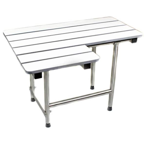 CSI Bathware 28 in. W x 21 in D L-Shaped Right Hand White Phenolic Slatted Folding Shower Seat with Swing Down Legs