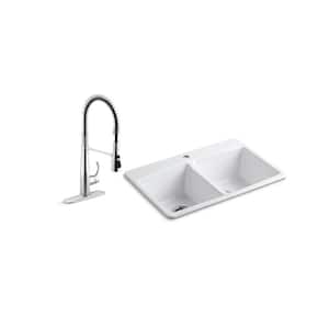 Brookfield All-in-One Drop-In Cast Iron 33 in. Double Bowl Kitchen Sink with Simplice Semi Pro Faucet in Polished Chrome