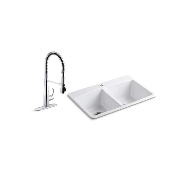 KOHLER Brookfield Drop-In Cast Iron 33 in. Double Bowl Kitchen Sink with Simplice Semi Pro Faucet in Polished Chrome