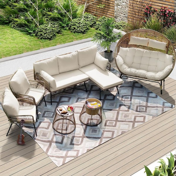 6-Piece Wicker Rattan Outdoor Bistro Set with Cushion, L-Shaped Patio Chaise, Double Egg Chair, Ice Bucket for Porch
