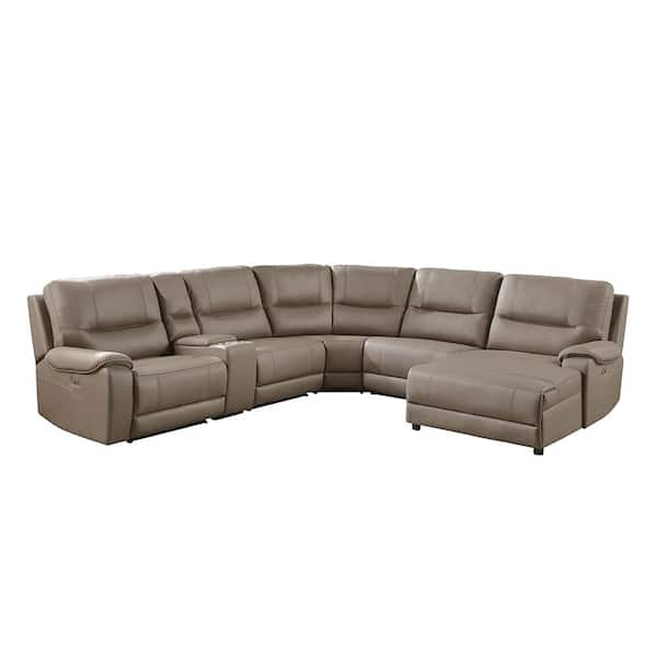 Lazzara Boise 128 in. Straight Arm 6-piece Microfiber Modular Power Reclining Sectional Sofa in Taupe with Right Chaise
