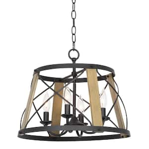 Napa 18 in. 4-Light Textured Black with Smoked Birch Wood Style Industrial Farmhouse Round Chandelier