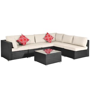 7-Piece Black Wicker Patio Conversation Sectional Seating Set with 2 Red Pillows and Beige Cushions