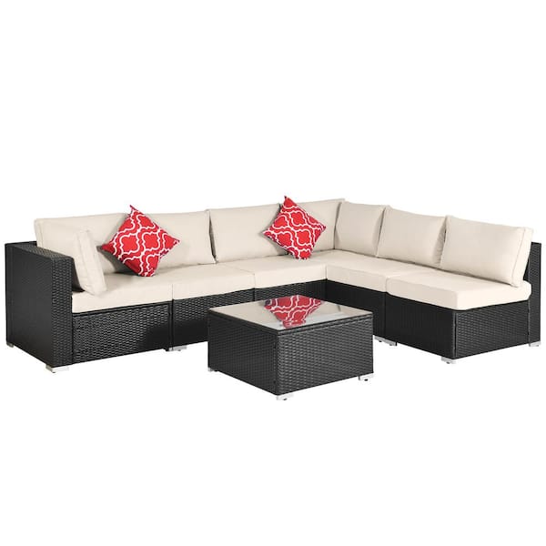 FORCLOVER 7-Piece Black Wicker Patio Conversation Sectional Seating Set with 2 Red Pillows and Beige Cushions