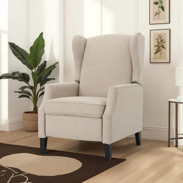 Benjara Nora Beige Fabric Glider Manual Recliner Chair