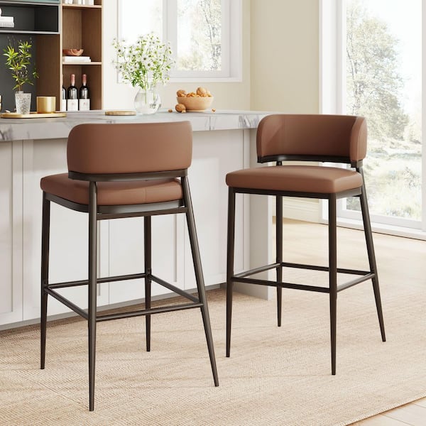 CHRISTOPHER KNIGHT HOME Redford Modern 30 in. Brown Low Back Metal Frame and Leathaire Fabric Upholstered Barstool (Set of 2)