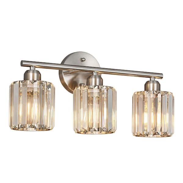 HomeLighting 18.89 in. 3-Light BrushedNickel Vertical Bathroom Crystal Vanity Light Over Mirror for Dressing Table Sink