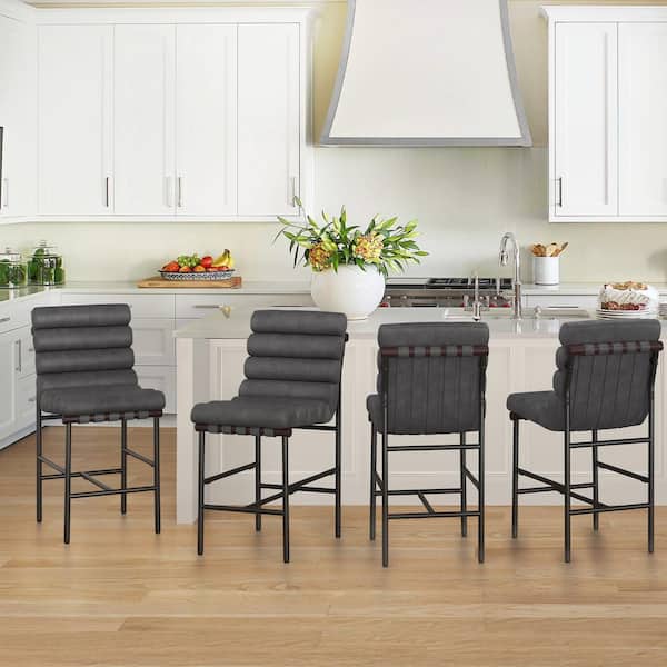 OrangeOne 26 in. Black PU Leather Upholstered Counter Height Bar Stools Black Metal Legs Stool with Wave Back and Cushion Set of 4