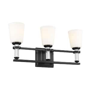 Rosalind 23.75 in. 3-Light Black Traditional Bathroom Vanity Light with Satin Etched Cased Opal Glass Shades