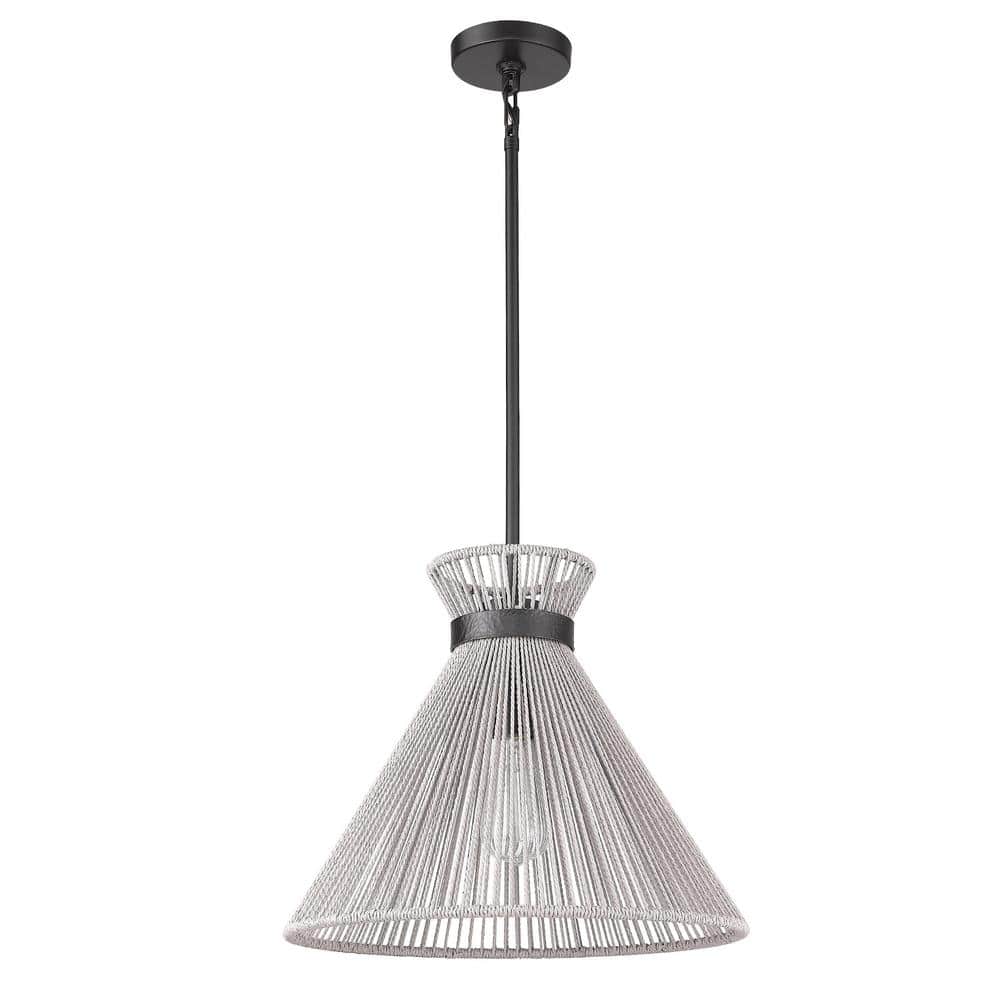 Matte Black and Bleached Raphia Medium Pendant Light