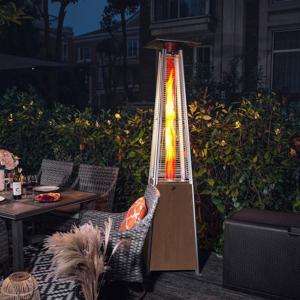 48,000 BTU Stainless Steel Wood-Grain Finish Pyramid Propane Gas Patio Heater with Wheels