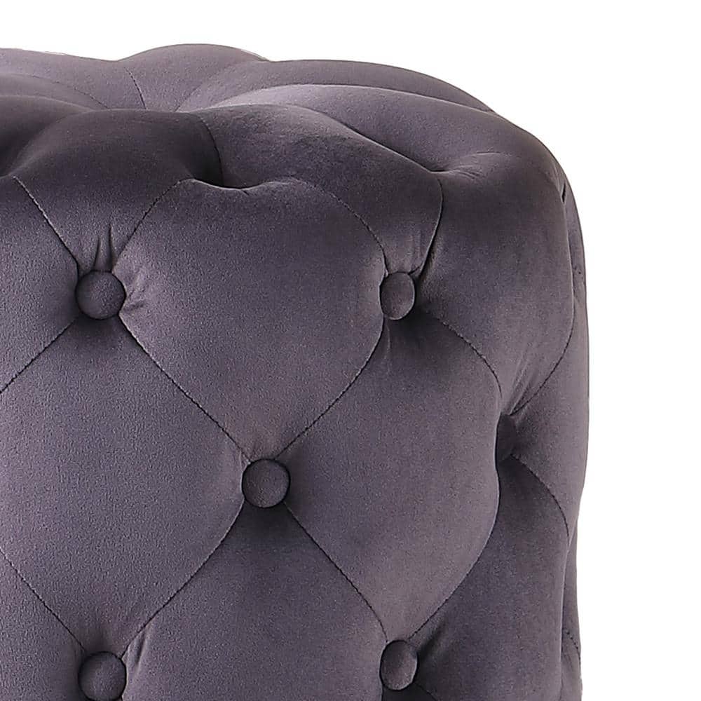 Gray Tufted Round Velvet Ottoman with Stainless Steel Base