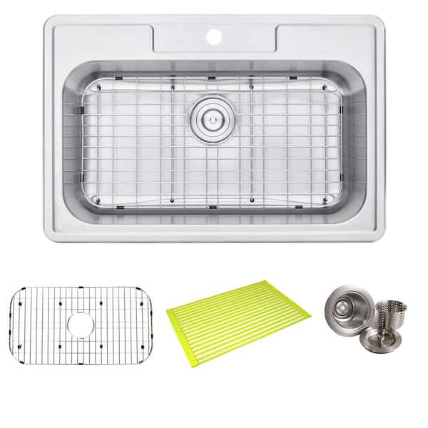 Topmount Drop In Stainless Steel 33 in. x 22 in. x 9 in. Deep 1 Faucet Hole Single Bowl Kitchen Sink with Accessories