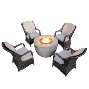 Silio II 5-Pieces Rock and Fiberglass Fire Pit Table Conversation Set with 4 Wicker Chairs with Gray Cushions