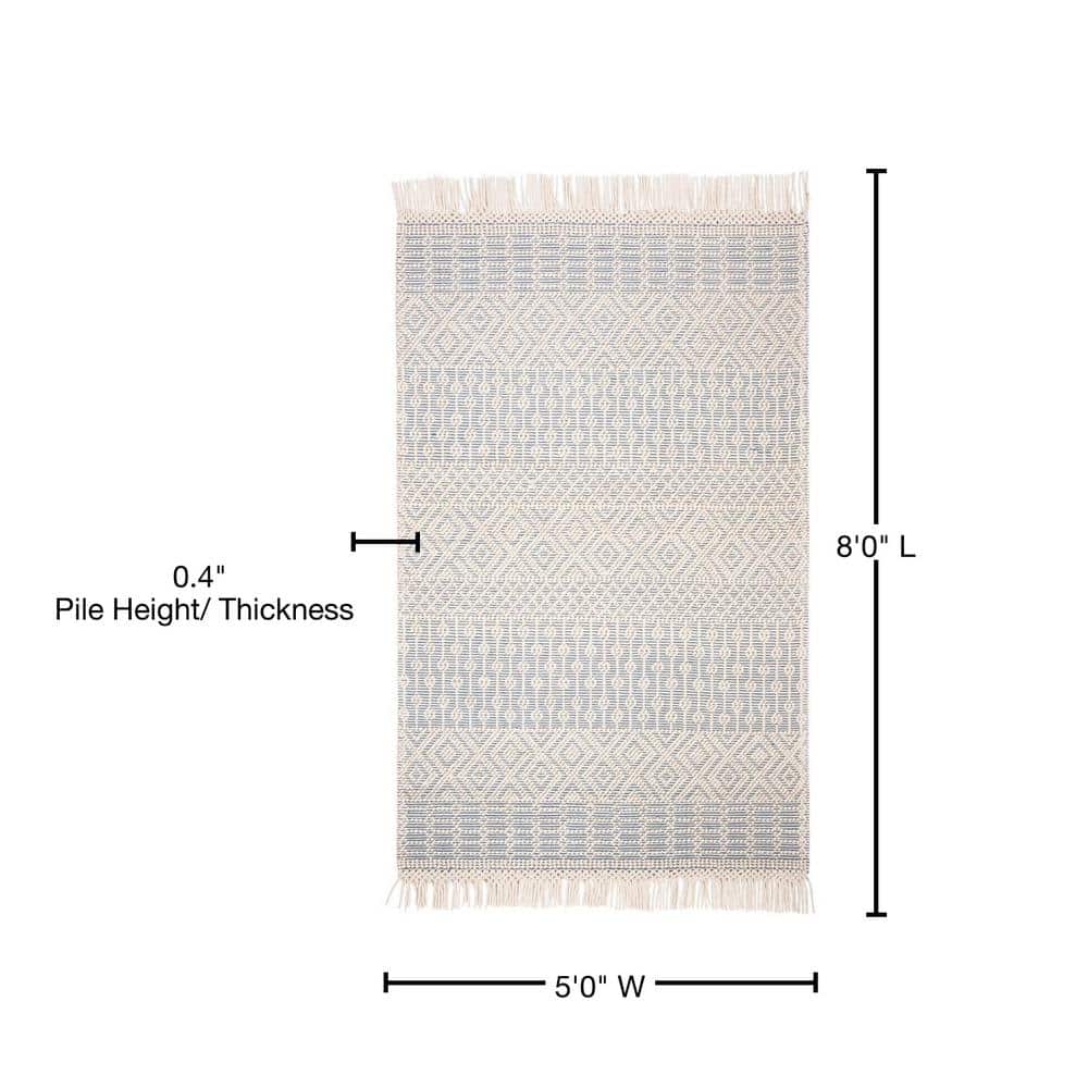 Handwoven Ivory & Grey Wool Area Rug - 5' x 8' Beach House Style