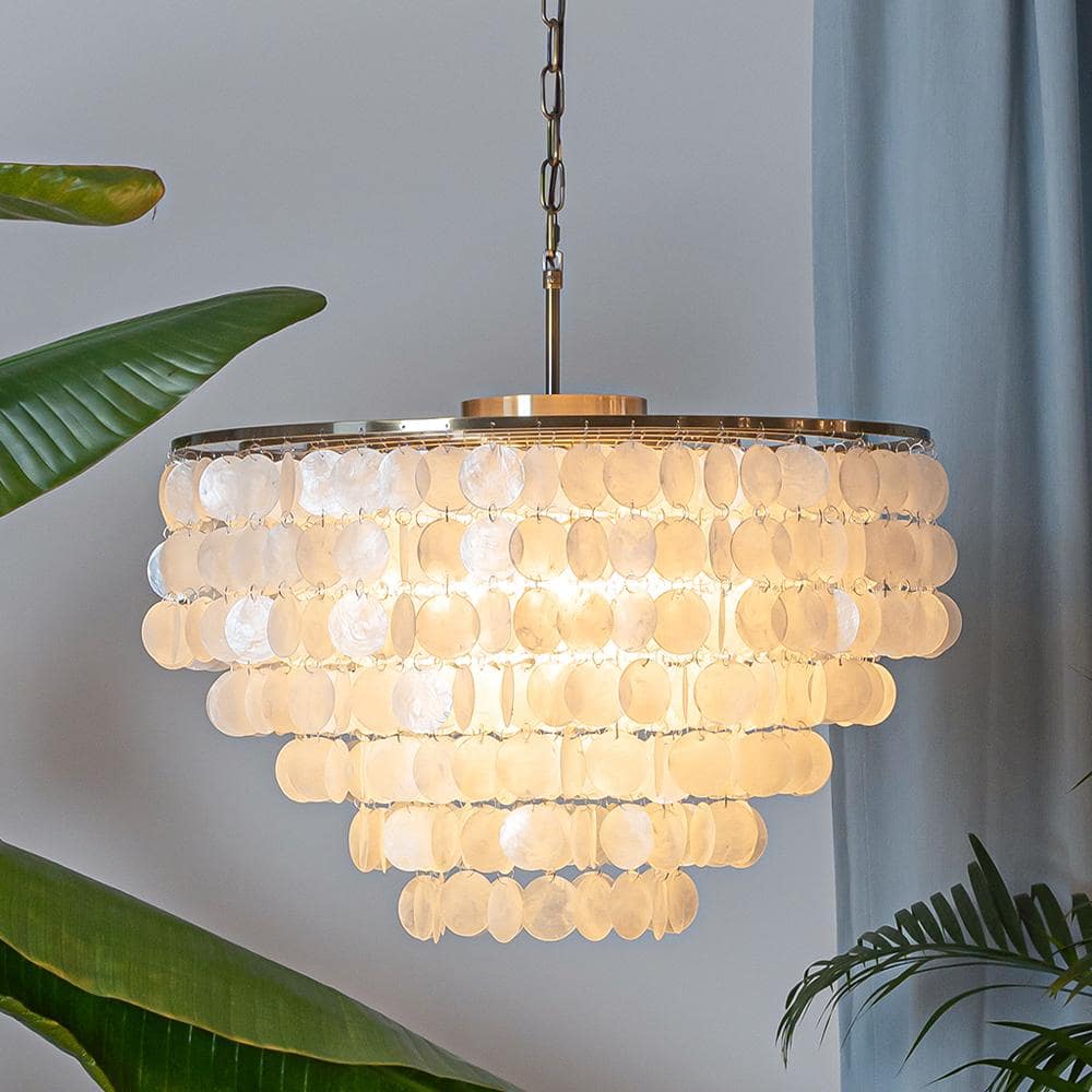 ALOA DECOR 25.6 in. 6-Light Coastal Natural Capiz Shell Tiered