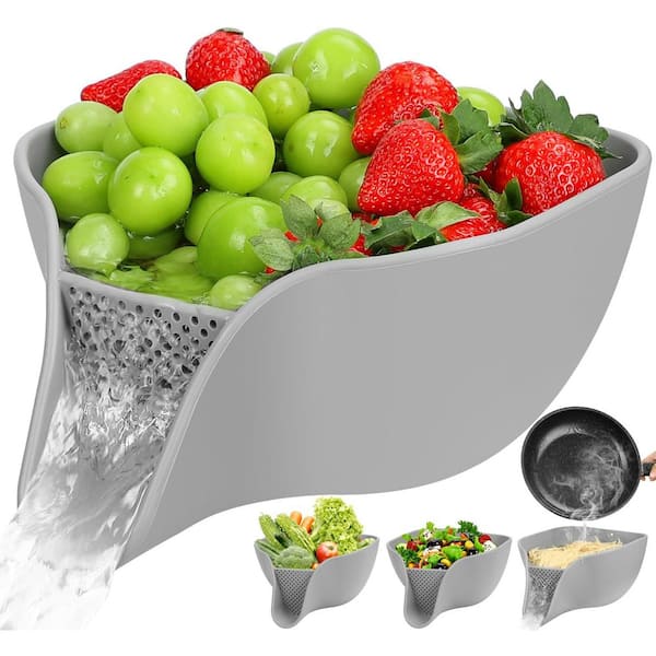 4.6 qt. Grey Silicone Pasta Strainer and Food Colander with Spout Heat-Resistant Easy-Clean Kitchen Set