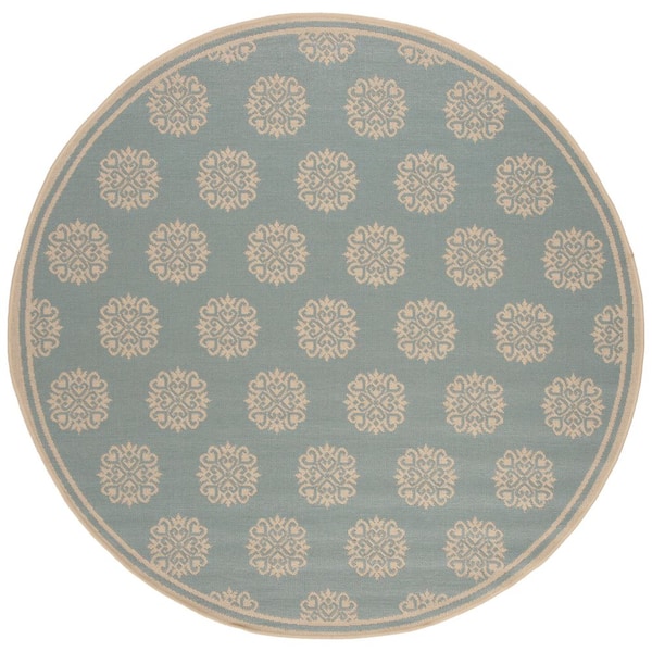 Beach House 4 ft. x 4 ft. Round Aqua/Cream Border Geometric Floral Indoor/Outdoor Area Rug