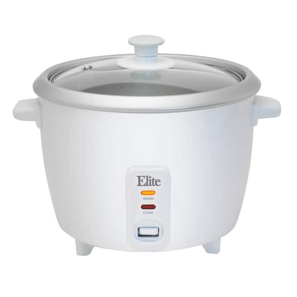 Elite 6-Cup White Rice Cooker with Removable Inner Pot, Measuring Cup, Spatula and Glass Lid