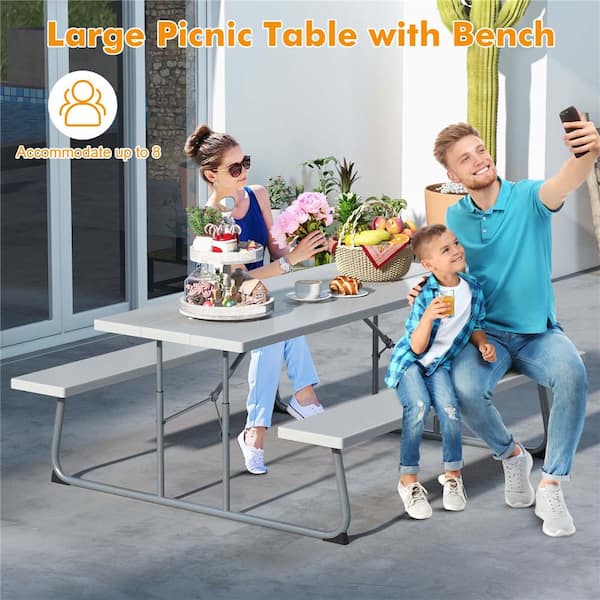 Costway 72 in. Gray Rectangle Metal Picnic Tables Seats 8 with