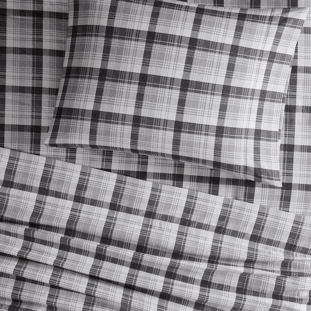 Queen Gray Plaid Cotton Flannel Sheet Set