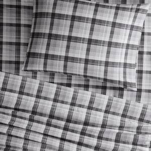 Cotton Flannel 4-Piece Grey Plaid King Sheet Set