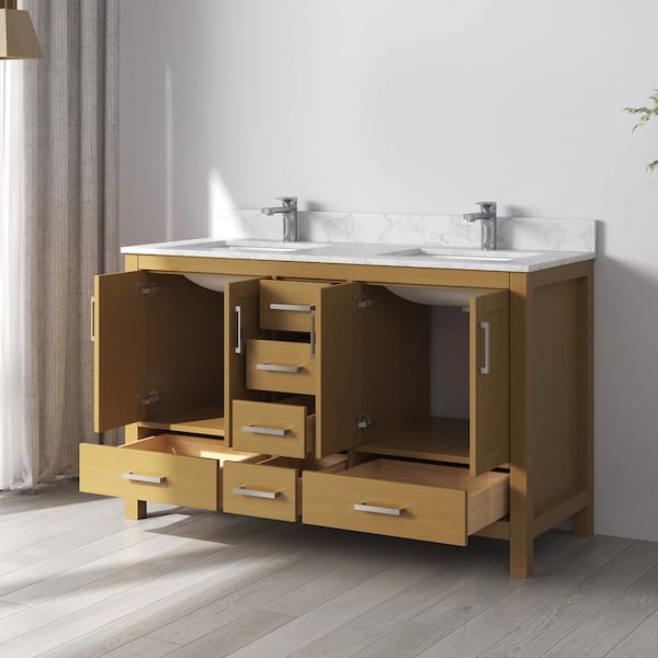 Aeterna 55 in. W x 22 in. D x 34 in. H Double Sinks Freestanding Bath Vanity in Oak w/ White Carrara Cultured Marble Top