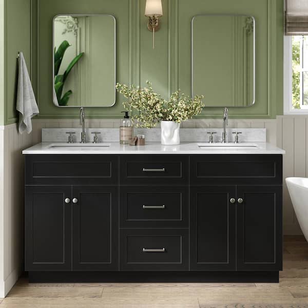 ARIEL Hamlet 67 in. W x 22 in. D x 35.25 Double Sink Freestanding Bath Vanity in Black with Carrara White Marble Top