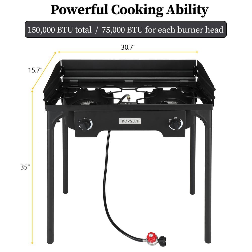 Black Cast Iron 2-Burner Portable Propane Gas Grill with Windscreen