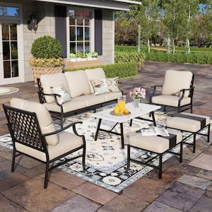 Black Meshed 7-Seat 6-Piece MetalOutdoor Patio Conversation Set with Beige Cushions and Table with Marble Pattern Top