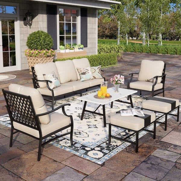 PHI VILLA Black Meshed 7-Seat 6-Piece MetalOutdoor Patio Conversation Set with Beige Cushions and Table with Marble Pattern Top