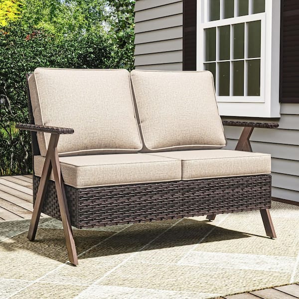 JOYSIDE R-Shaped Armrest Brown Wicker Outdoor Loveseat Patio Couch with Beige Cushions