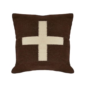 20 in. Natural Brown Wool Cotton Swiss Cross Throw  Pillow