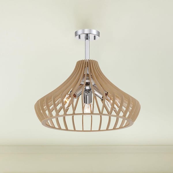 17.75 in. Sanaa 3-Light Kula Wood Ceiling Light Semi Flush Mount