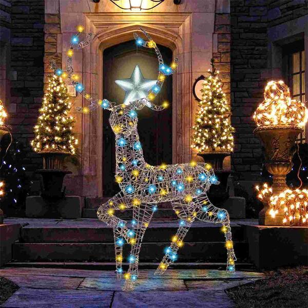 4.6 ft. 300-Count Bright LED Lights Zip Ties Christmas Reindeer with Ground Stakes