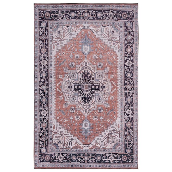 SAFAVIEH Tuscon Rust/Navy 8 ft. x 10 ft. Machine Washable Floral Medallion Area Rug