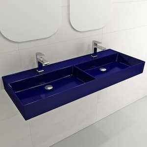 Milano Wall-Mounted Sapphire Blue Fireclay Rectangular Double Bowl for Two 1-Hole Faucets Vessel Sink with Overflows