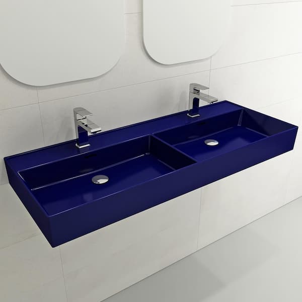 BOCCHI Milano Wall-Mounted Sapphire Blue Fireclay Rectangular Double Bowl for Two 1-Hole Faucets Vessel Sink with Overflows