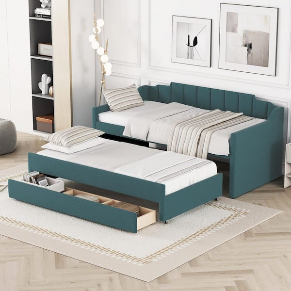 Green Twin Upholstered Daybed with Trundle and 3 Drawers