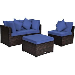 4-Piece Wicker Outdoor Sectional Set Patio Rattan Furniture Set Sofa Ottoman with Navy Cushions