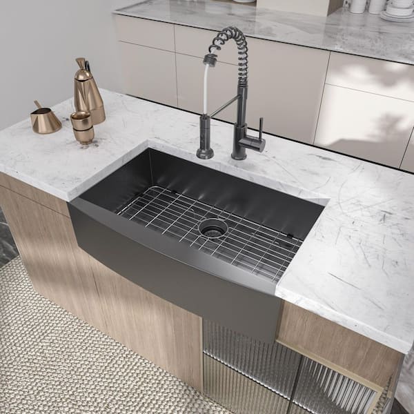 Gunmetal Matte Nano Black 16-Gauge Stainless Steel 27 in. Single Bowl Farmhouse Apron Kitchen Sink
