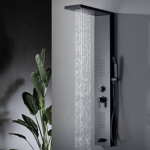 4-in-1, 2-Jet Shower Panel Tower System With LED LED Rainfall Waterfall Shower Head, And Massage Body Jets In Black